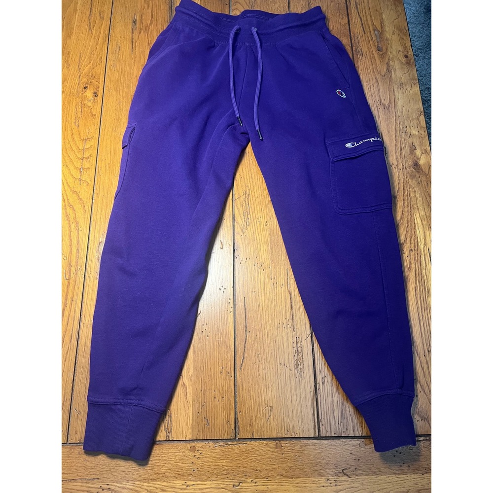 Champion Purple Cargo Sweatpants Fleece Joggers Drawstring Waist Pockets Small